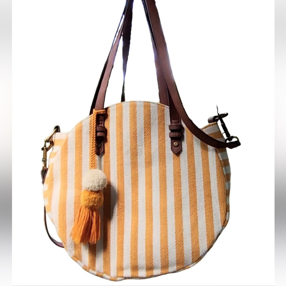 Sonoma Striped Round Canvas Tote Bag with Pom Pom Accent - Yellow and White - Picture 1 of 7